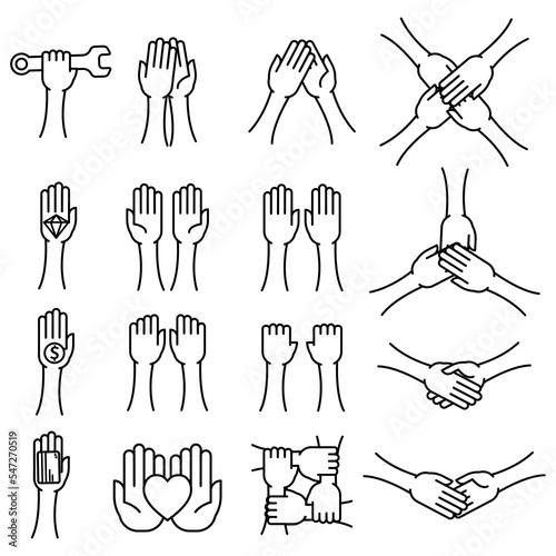 Hand gestures icon set. Hi five hands, handshaking and other gestures. Thin line art. Black vector symbols isolated on white background.