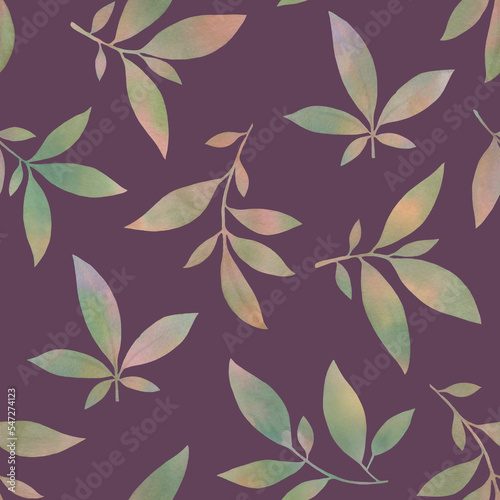 delicate watercolor leaves on purple background. seamless botanical pattern for the design of cards  wallpapers  wrapping paper.
