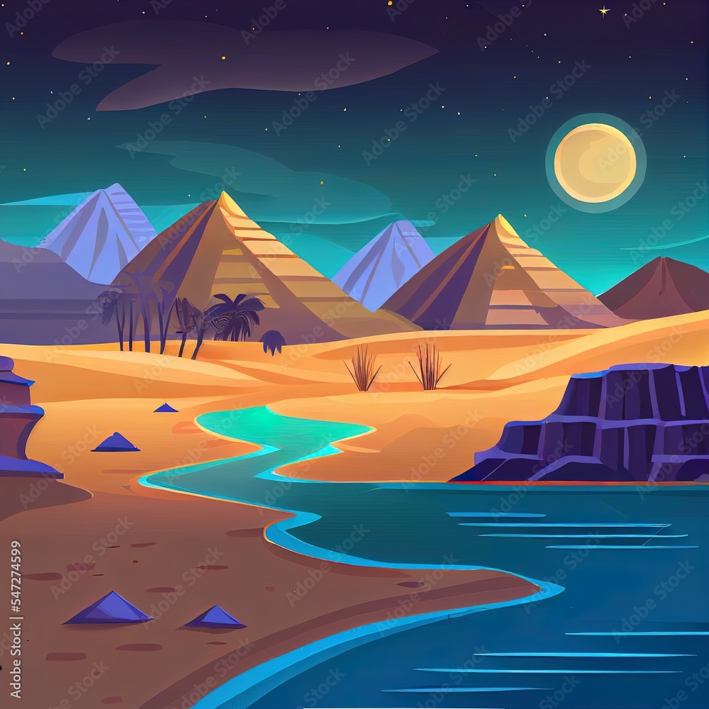 Egyptian desert with river and pyramids at night. 2d illustrated cartoon illustration of landscape with sand dunes, water stream of Nile, ancient tombs of Egypt pharaoh, moon and stars in sky Egyptian desert with river and pyramids at night. 2d illustrated cartoon illustration of landscape with sand dunes, water stream of Nile, ancient tombs of Egypt pharaoh, moon and stars in sky