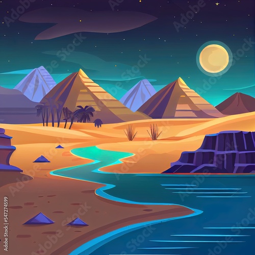 Egyptian desert with river and pyramids at night. 2d illustrated cartoon illustration of landscape with sand dunes  water stream of Nile  ancient tombs of Egypt pharaoh  moon and stars in sky