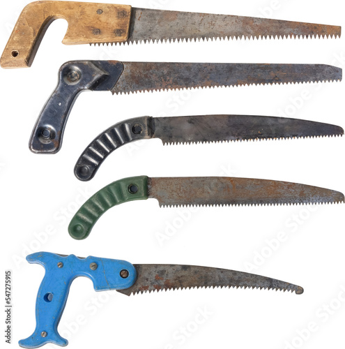  set of old vintage garden hand pruning saws. Tree saw designed for single-hand use. isolated on a transparent background