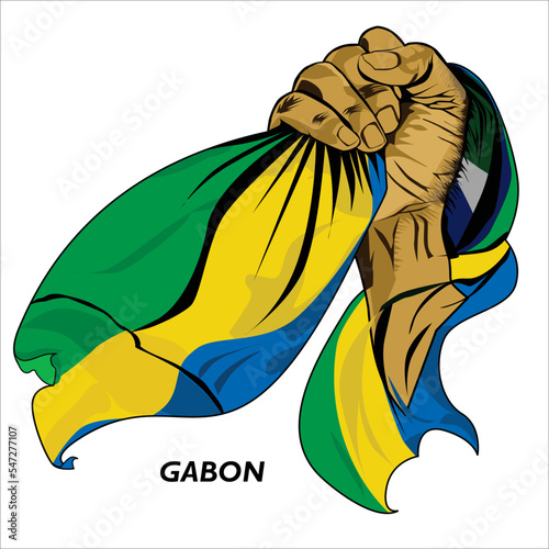 Fisted hand holding Gabonese flag. Vector illustration of lifted Hand grabbing flag. Flag draping around hand. Scalable Eps format	