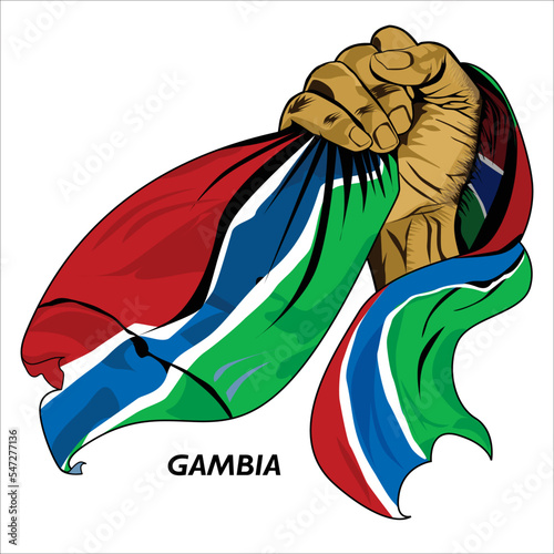 Fisted hand holding Gambian flag. Vector illustration of lifted Hand grabbing flag. Flag draping around hand. Scalable Eps format	