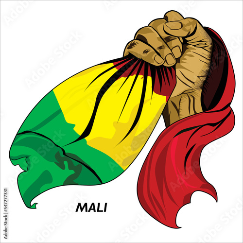 Fisted hand holding Malian flag. Vector illustration of lifted Hand grabbing flag. Flag draping around hand. Scalable Eps format	