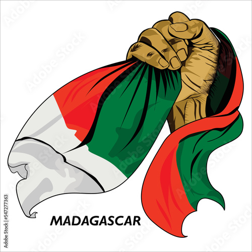 Fisted hand holding Madagascan flag. Vector illustration of lifted Hand grabbing flag. Flag draping around hand. Scalable Eps format	