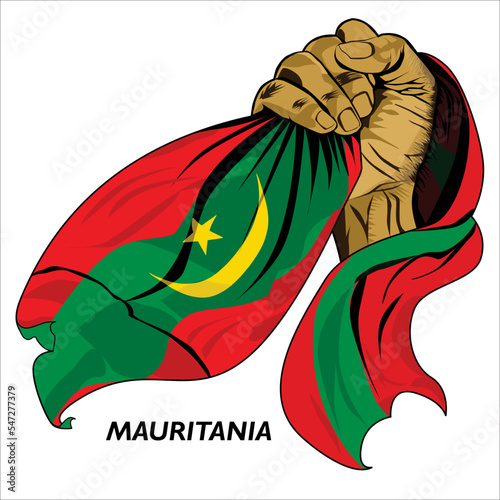 Fisted hand holding Mauritanian flag. Vector illustration of lifted Hand grabbing flag. Flag draping around hand. Scalable Eps format	