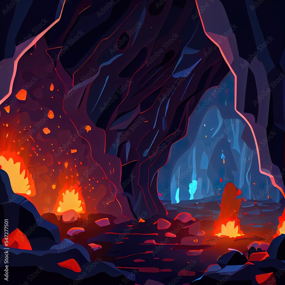 Dark cave in mountain with hot lava. 2d illustrated cartoon