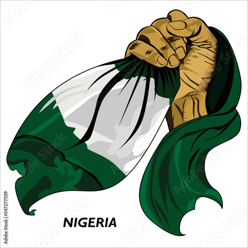 Fisted hand holding Nigerian flag. Vector illustration of lifted Hand grabbing flag. Flag draping around hand. Scalable Eps format	