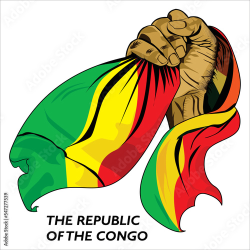 Fisted hand holding Congolese flag. Vector illustration of lifted Hand grabbing flag. Flag draping around hand. Scalable Eps format	