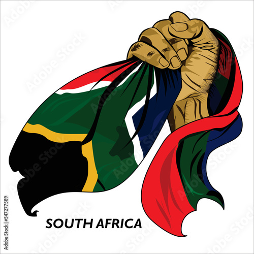 Fisted hand holding South African flag. Vector illustration of lifted Hand grabbing flag. Flag draping around hand. Scalable Eps format	