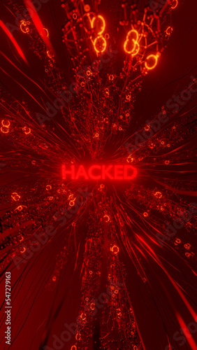 Red network with Hacked inscription. 3d render