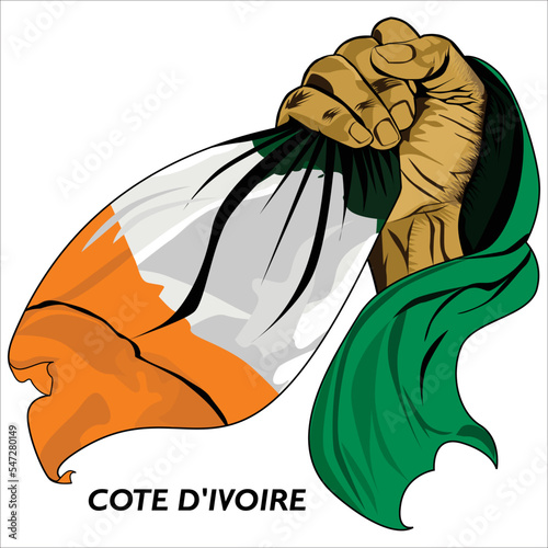 Fisted hand holding Ivorian flag. Vector illustration of lifted Hand grabbing flag. Flag draping around hand. Scalable Eps format