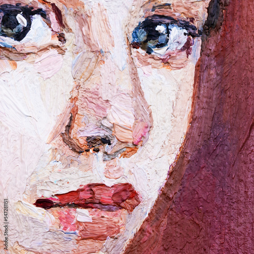 Fragment of oil painting. Macro. Portrait of a girl with an expressive look. The painting is done in a realistic manner.