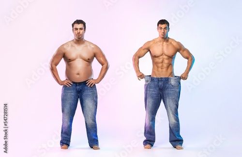 Before After Weight Loss fitness Transformation. The man was fat but became athlet. Fat to fit concept.