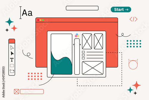 UX design and Web design concept. Interface elements and open browser windows on the monitor screen. User Experience. Innovation and technology. Vector flat illustration
