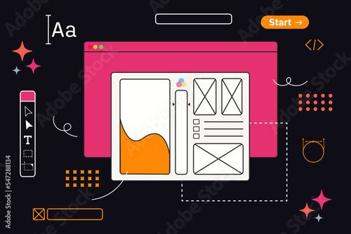 UX design and Web design concept. Interface elements and open browser windows on the monitor screen. User Experience. Innovation and technology. Vector flat illustration
