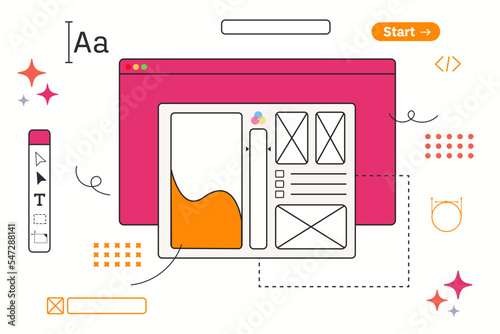 UX design and Web design concept. Interface elements and open browser windows on the monitor screen. User Experience. Innovation and technology. Vector flat illustration
