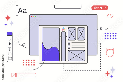 UX design and Web design concept. Interface elements and open browser windows on the monitor screen. User Experience. Innovation and technology. Vector flat illustration
