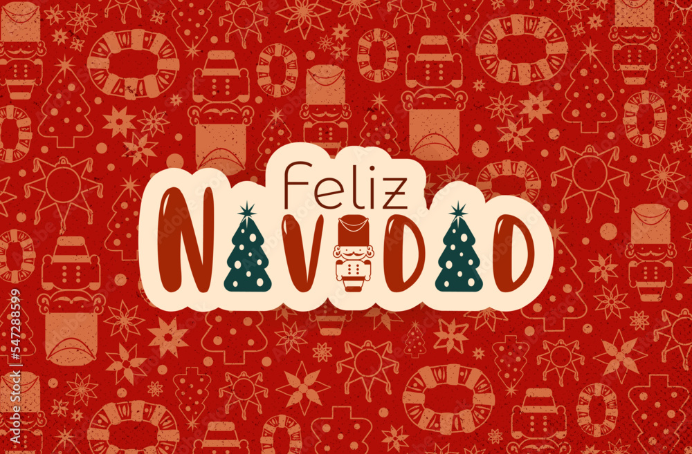 Poster/tarjeta de feliz navidad con iconos navideños en fondo rojo