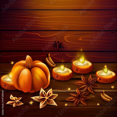 Autumn compositionPumpkin candles,spicy star anise spices and cinnamon on a brown wooden backgroundCozy home decorHalloween conceptHappy ThanksgivingFlat layCopy space , anime style photo