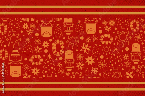 Patrón o fondo de navidad con elementos como la rosca de reyes, cascanueces, piñatas y flores de nochebuena.