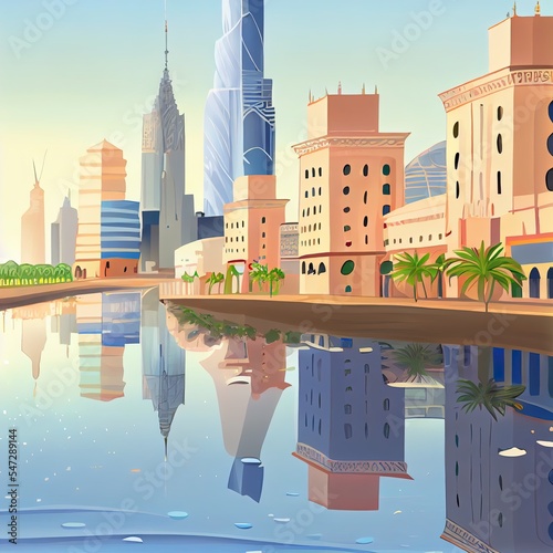 Cityscape in Riyadh with its refletion in the water. photo