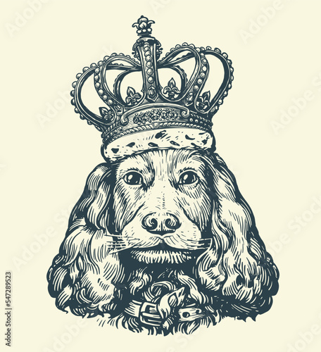 Portrait beautiful DOG with royal crown. Pet animal, cute puppy in vintage engraving style. Sketch vector illustration