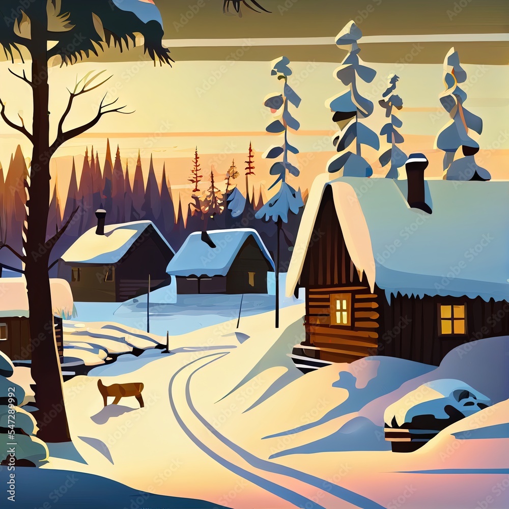 Finnish nature or village in Lapland region, in snow, in winter season, safari and walking.
