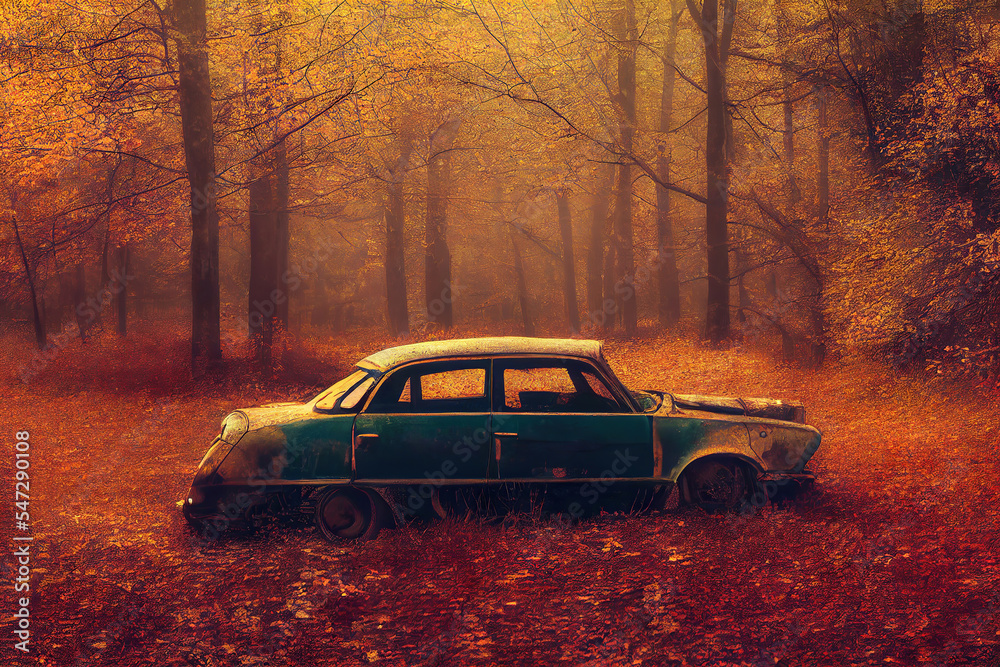 abandoned old car in autumn forest