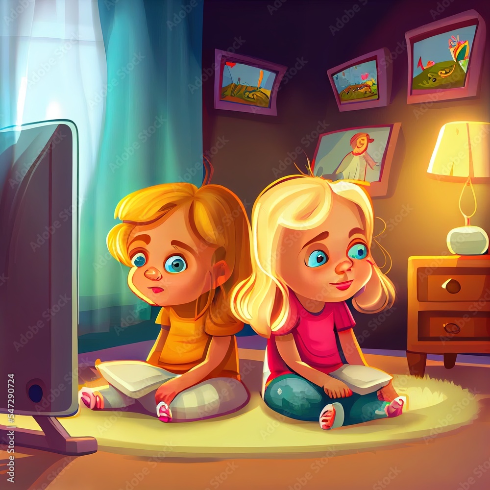 Children Watch Cartoons On TV In The Playroom Two Blond Girls Sit On children-watch-cartoons-on-tv-in-the-playroom-two-blond-girls-sit-on