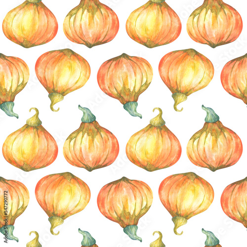Pumpkins watercolor illustration seamless pattern on white