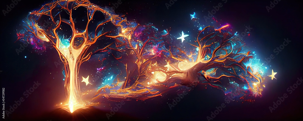 abstract colorful lights and organic shapes of tree of life as panorama background