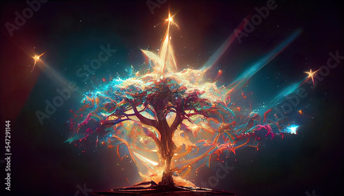 abstract colorful lights and organic shapes of tree of life as panorama background