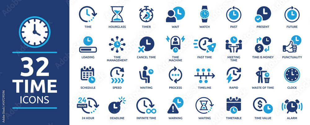 Time icon set. Timer, alarm, schedule, hourglass, clock icons. Solid icon collection. - obrazy, fototapety, plakaty 