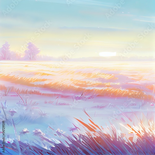 Calm and wonderful peaceful winter morning with frozen grass meadow and white nature and colorful ealry morning sunrise tones. Frosty white winter wonderland in the countryside with shadows