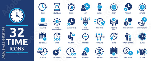 Time icon set. Timer, alarm, schedule, hourglass, clock icons. Solid icon collection. photo