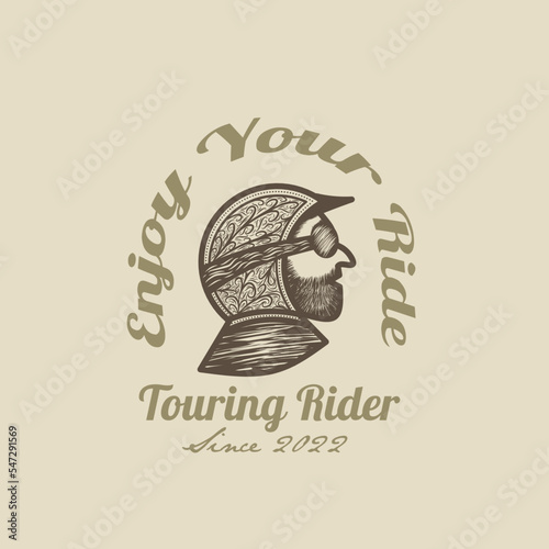 Retro vintage logo of man driving wearing helmet. prioritize driving safety