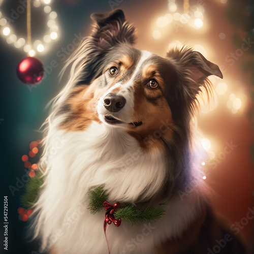 Dog portrait, christmas light background.