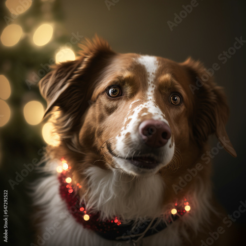 Cute dog portrait, christmas decoration background.