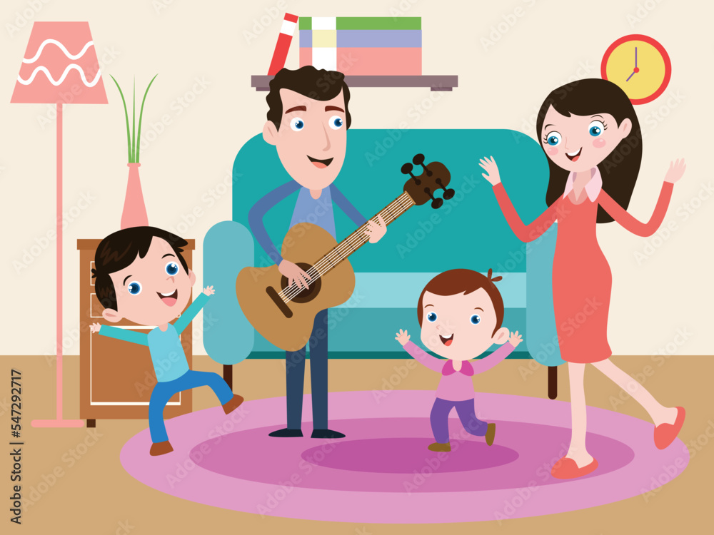 Family playing guitar and having fun together in the living room at home Family playing guitar and having fun together in the living room at home