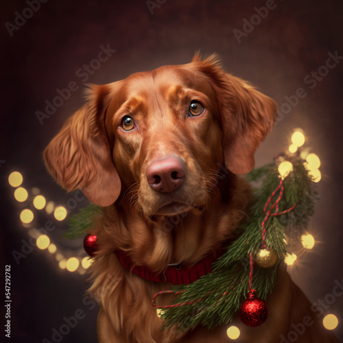 Dog portrait, christmas light background.
