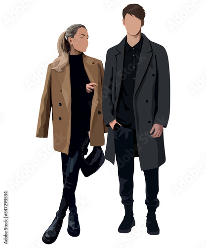 Vector fashion illustration of stylish pretty girl and handsome stylish man. Stylish couple. Relationships. Fall winter illustration. Romantic couple