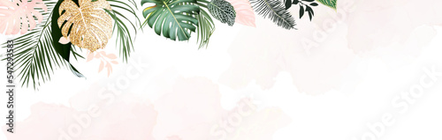 Tropical elegant banner arranged from exotic leaves. Design vector. Paradise plants, gold glitter, greenery chic card