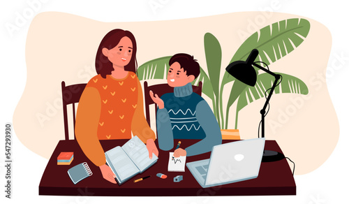 Mom helps son with homework.Characters are sitting at the table with a laptop,table lamp,book,notebook.Background with houseplant.Vector flat style cartoon illustration.Education and guidance concept.