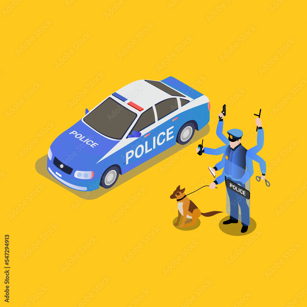 police car illustration and multitasking policeman with many hands holding equipment