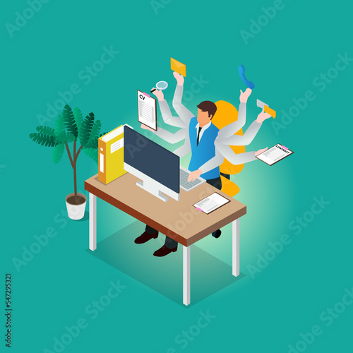 Multitasking businessman working with many hands