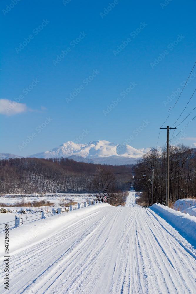 晴れた日の雪道と山頂　
