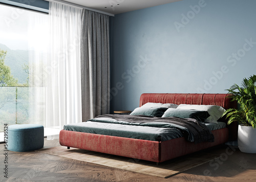 Red blue bedroom interior with bed, big window, pouf and plant. 3d render mock up