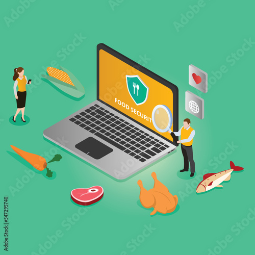 Food security vector concept. Two people using magnifier to looking at food security text on the laptop screen