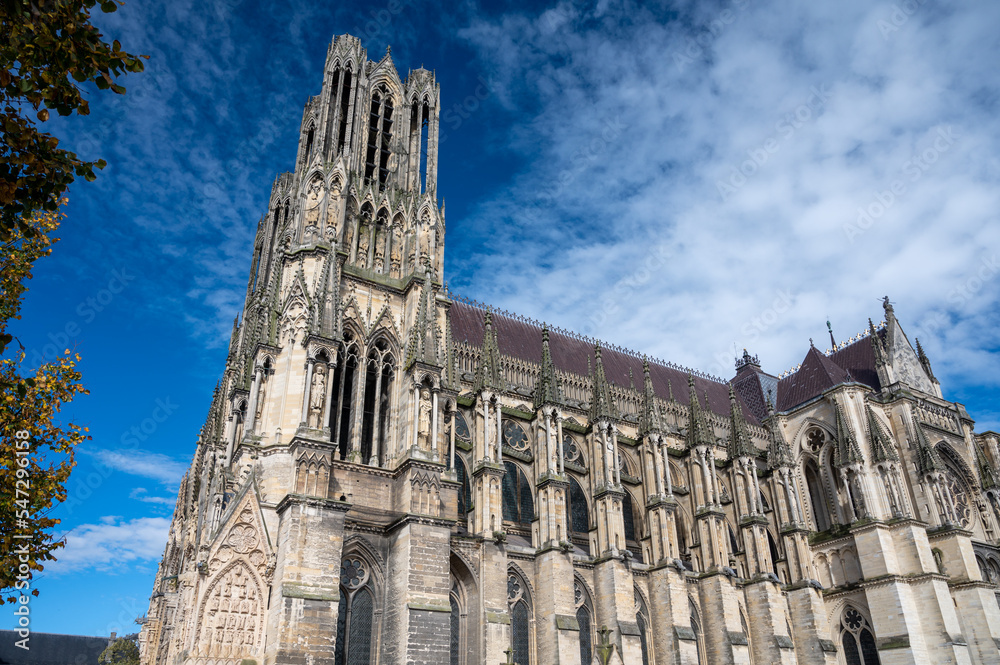 Fototapeta premium View on gothic Roman Catholic cathedral church Notre-Dame in central part of old French city Reims, France